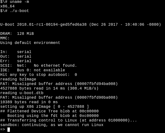 在构建主机上的沙盒中运行 U-boot 引导程序。